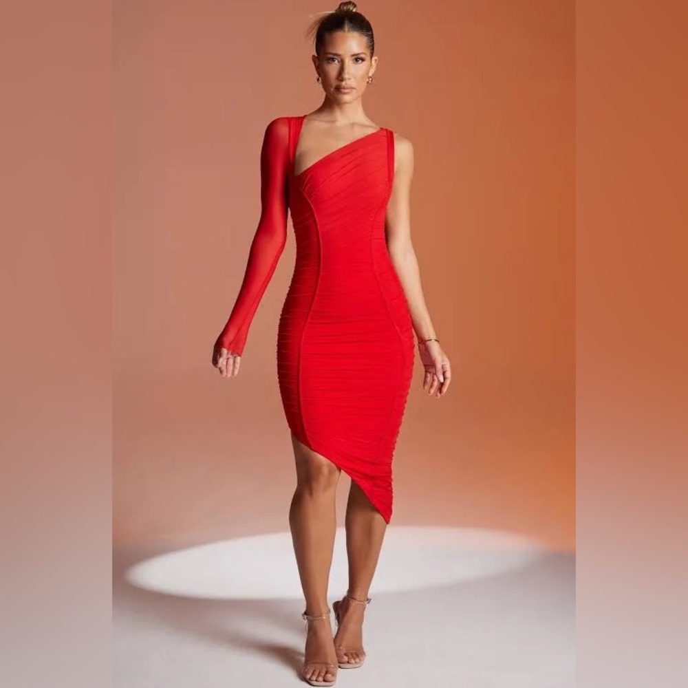 Oh Polly Asymmetric Single Sleeve Midi Dress in Red US size 4